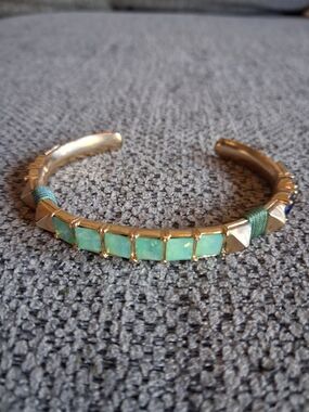 Gold Cuff Bracelet with Mint Green Stone Inlays